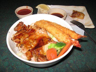 teriyaki and shrimp tempura bowl from teri cafe