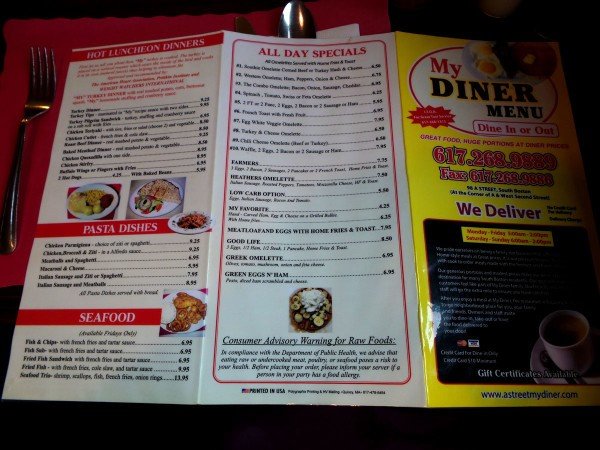 Menu, side two- My Diner - Boston, MA