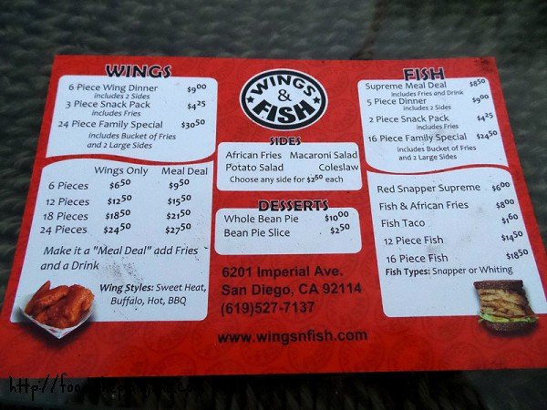 Wings and Fish menu / Encanto - San Diego, CA