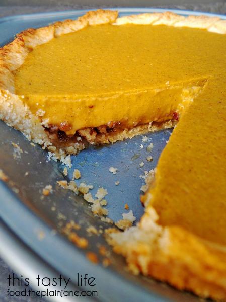 Pumpkin Pudding Pie with Pecan Crust - closeup | This Tasty Life - http://food.theplainjane.com
