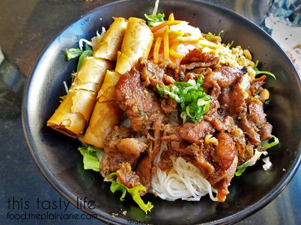 Rice vermicelli with egg rolls and bbq pork at Pho Cow Cali | San Diego, CA