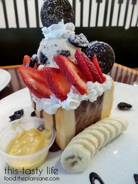 I Love NY Dessert - Shibuya Honey Brick Toast with ice cream, bananas, strawberries, nutella, oreos and more at T-Pop Desserts & More | San Diego, CA