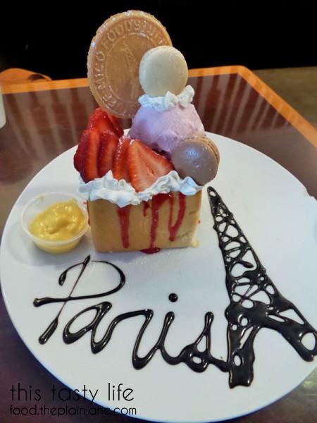 Paris Dessert - Shibuya Honey Brick Toast with strawberry ice cream, strawberries, macarons, strawberry sauce and more at T-Pop Desserts & More | San Diego, CA