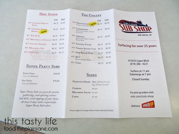 Menu Side 1 | College Sub Shop - San Diego, CA