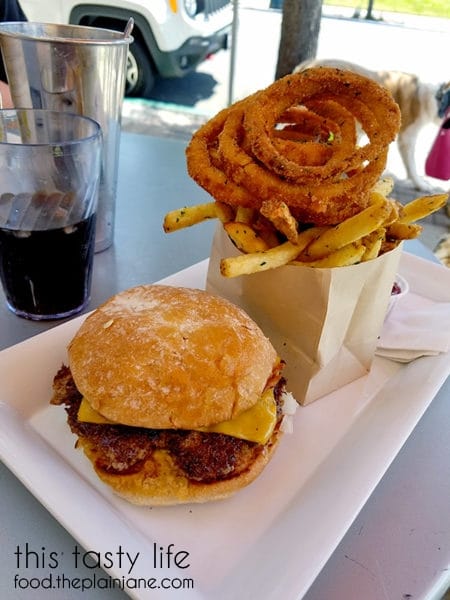 Buger with Onion Rings + Fries at Burger Lounge | Kensington - San Diego, CA