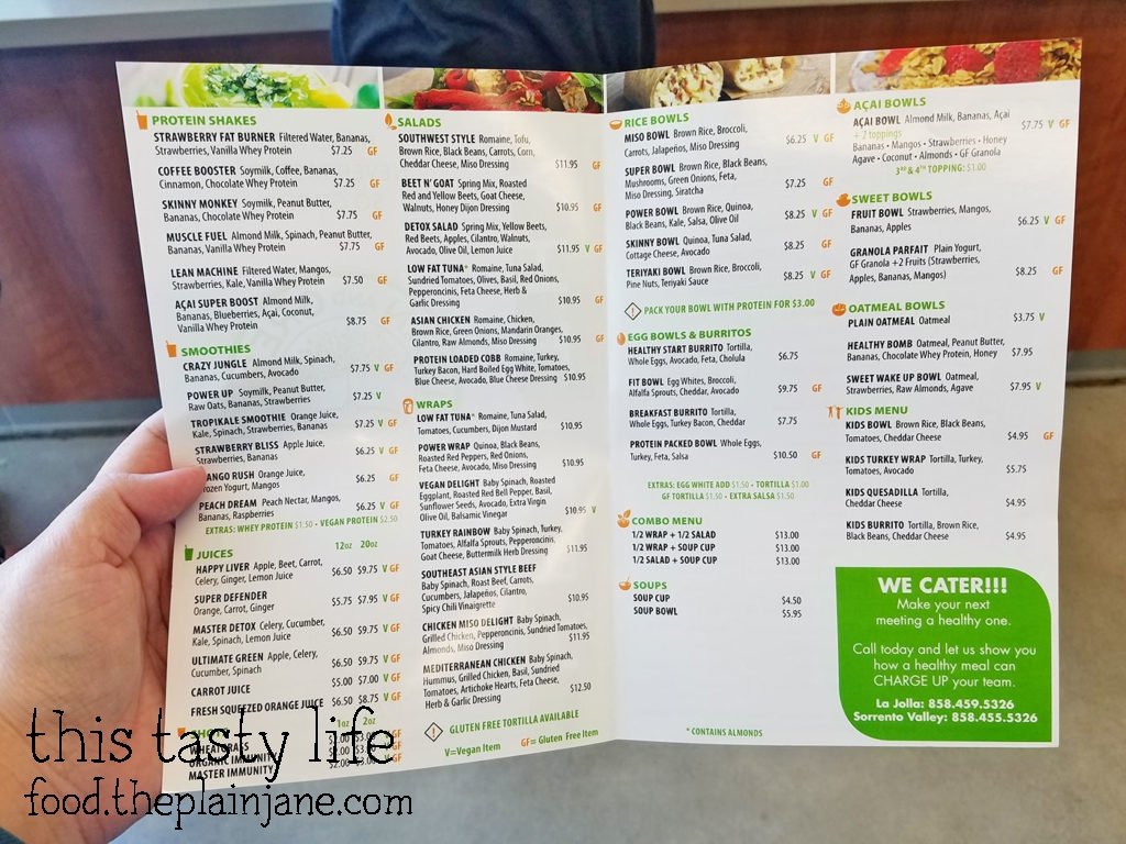 Menu at Lean and Green Organic Health Bar in San Diego