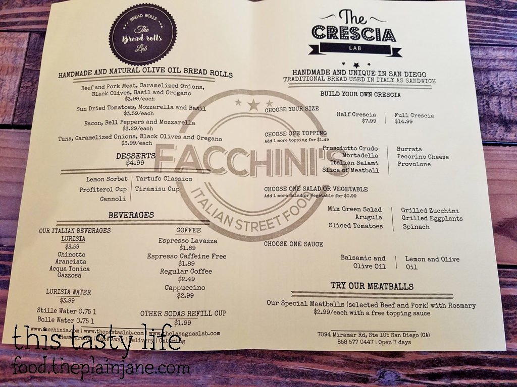 Menu at Facchini's | Miramar - San Diego, CA