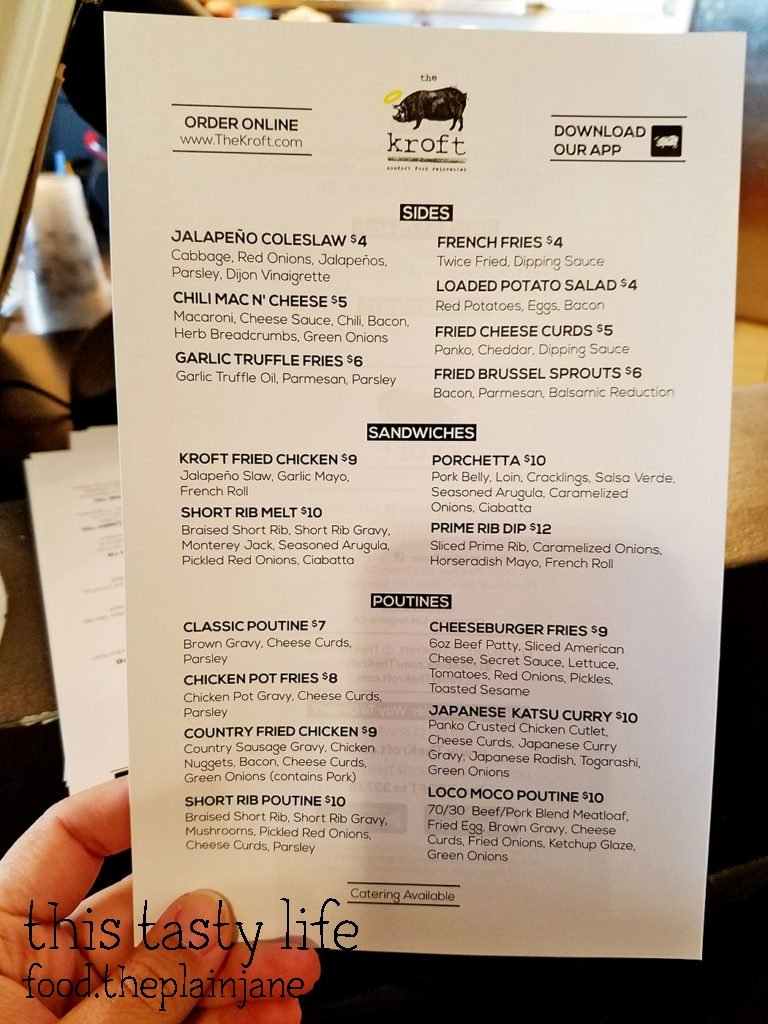 Menu at the Kroft in Tustin, CA