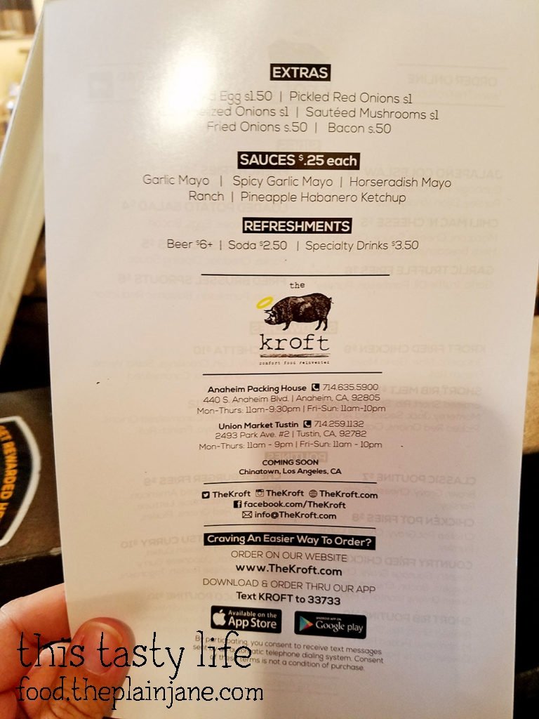 Menu at the Kroft in Tustin, CA