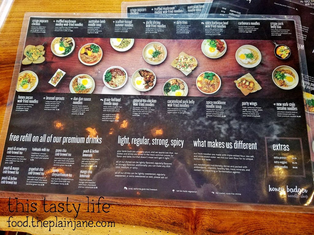 The menu at Honey Badger Noodle Shop - Los Angeles, CA | This Tasty Life