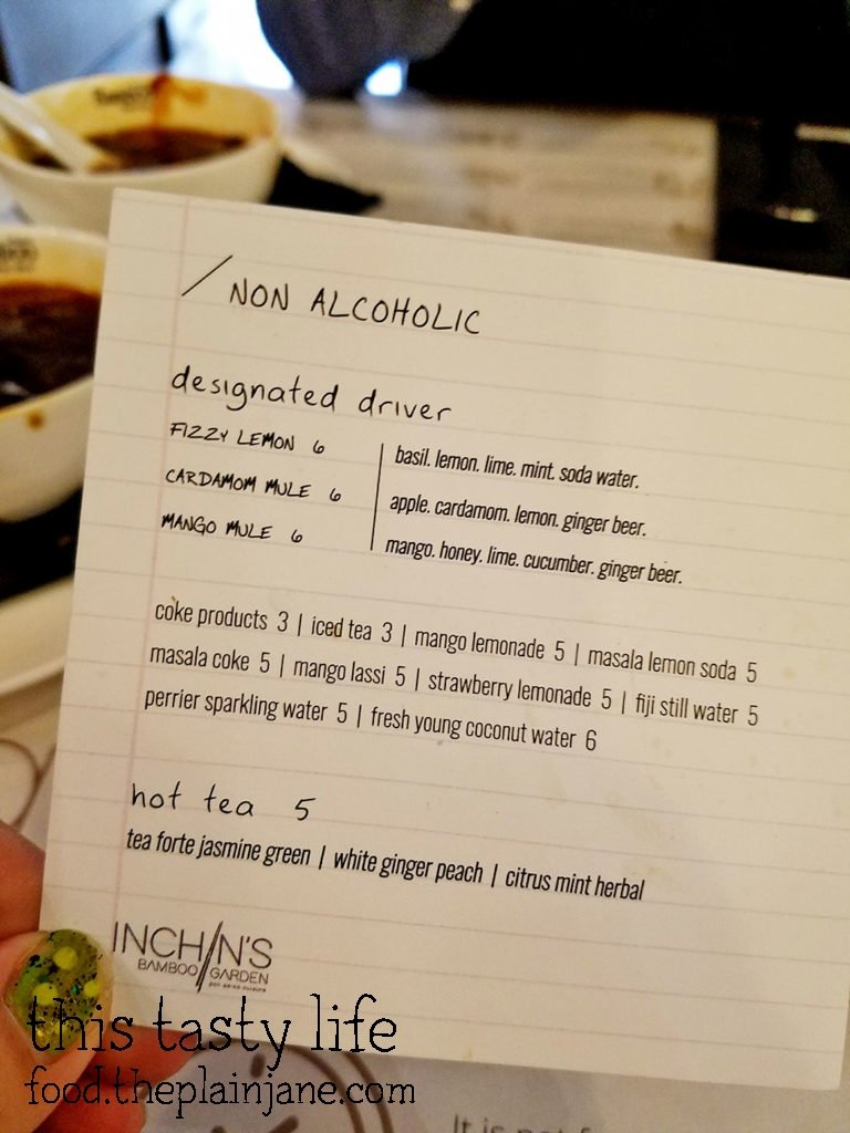 Drink Menu at Inchin's Bamboo Garden - San Diego, CA